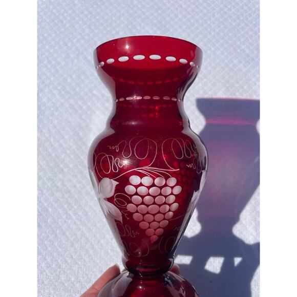 Vintage Egermann Bohemian Ruby Red Vase Cut To Clear Etched Glass 8 3/4" Tall - Picture 8 of 8